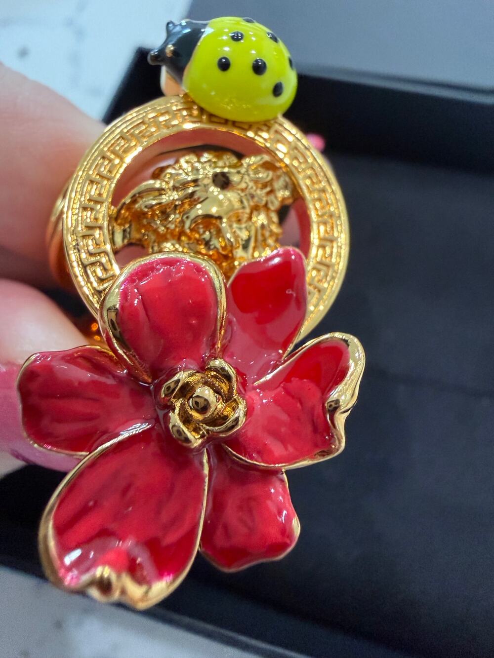Versace Strawberry Garden Medusa Enamel Flower & Ladybug Gold-Tone Ring
